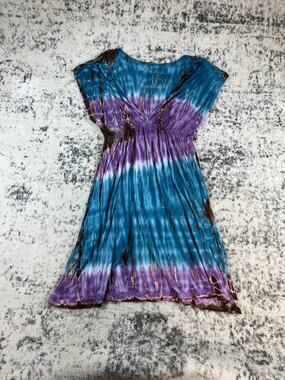 Tie Dye Mini Dress Womens S Purple Blue V Neck Empire Waist Flowy Boho Artsy